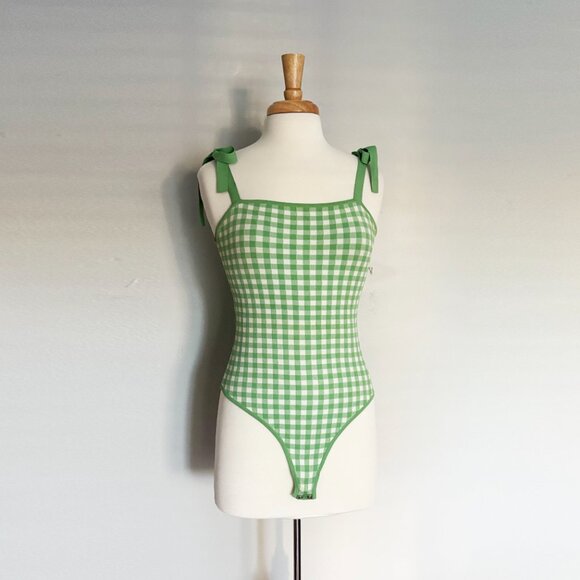 & Other Stories Green Gingham Tie Body Suit Small - Picture 3 of 5